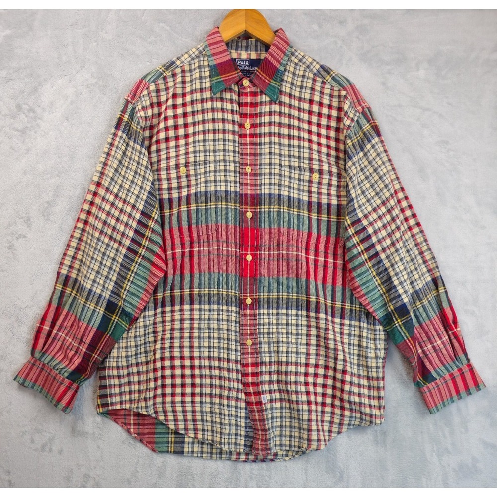 Vintage Polo Ralph Lauren Mens Large Red Green Gingham Plaid Cotton Wool Shirt